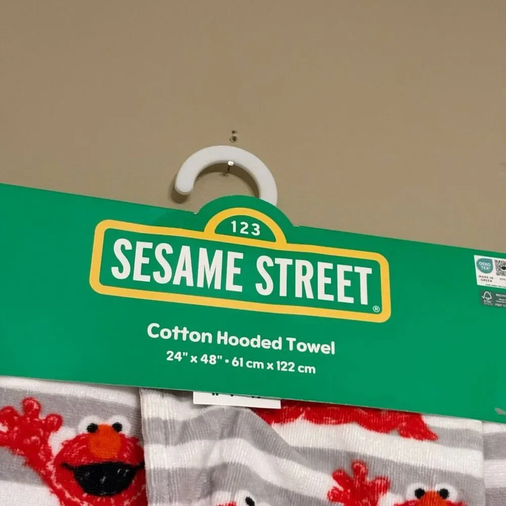 Sesame Street Elmo Cotton Hooded Towel Grey White Stripe Pattern Elmo Graphics